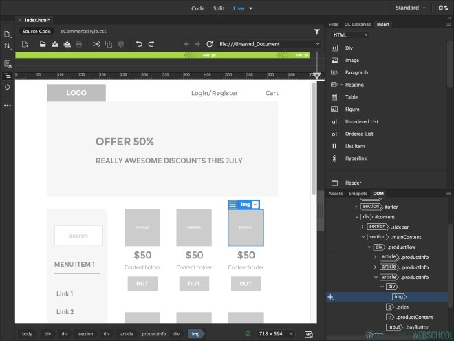 ตัวอย่างซอฟต์แวร์เขียนเว็บ Dreamweaver